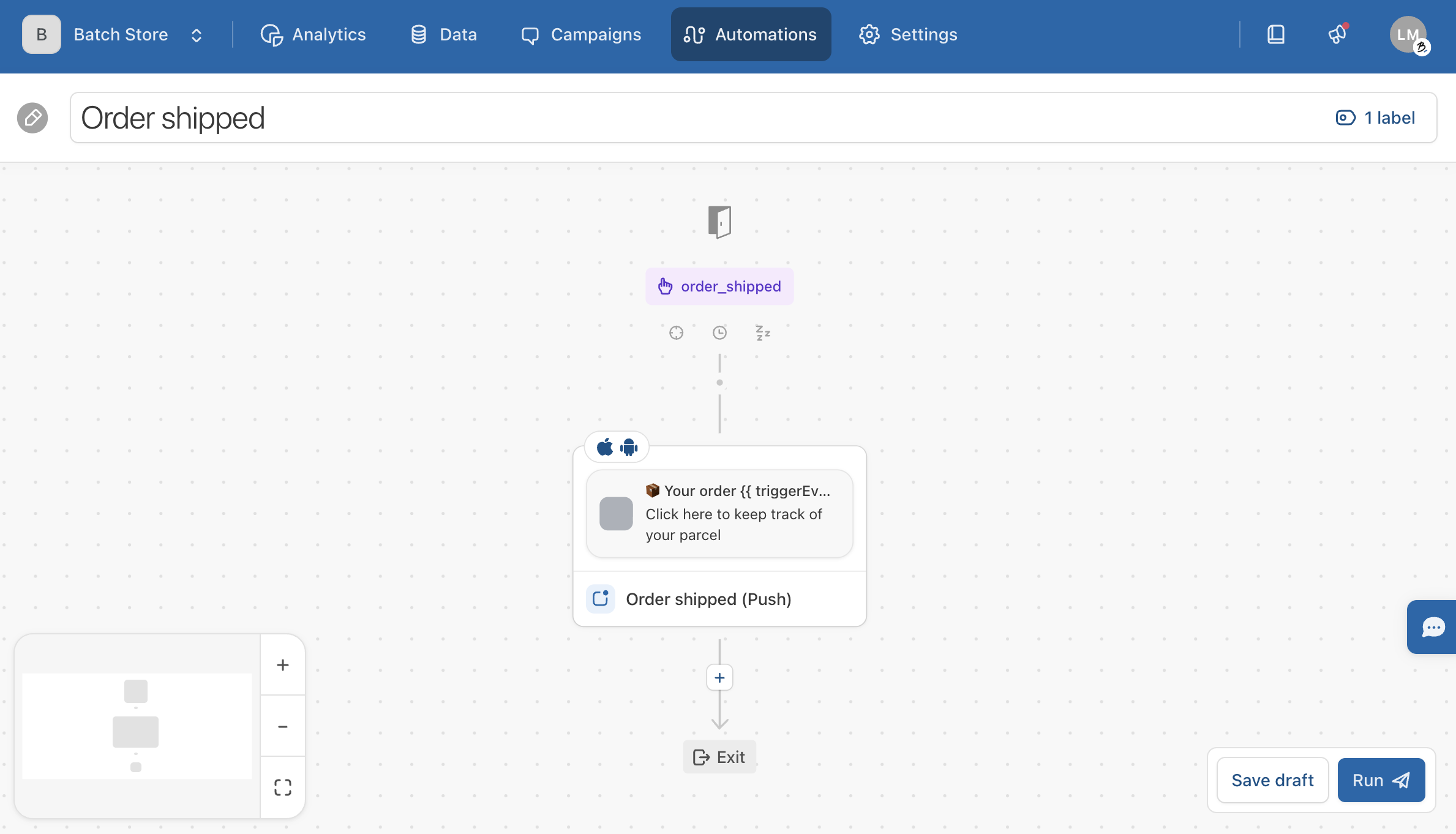 A screenshot of the Batch dashboard, in the automation builder section, that shows a push notification "order shipped"